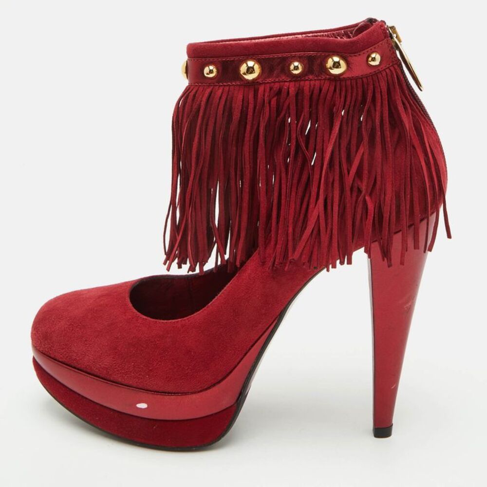 Loriblu Size 40 Dark Red Suede Fringe Ankle Strap Platform Pumps